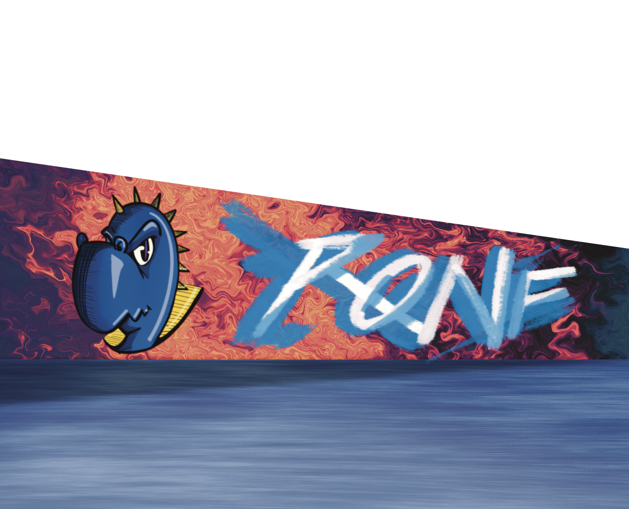 Un mostro blu con la scritta X-RQNE, sfondo arancione fuoco, Ronf animation.