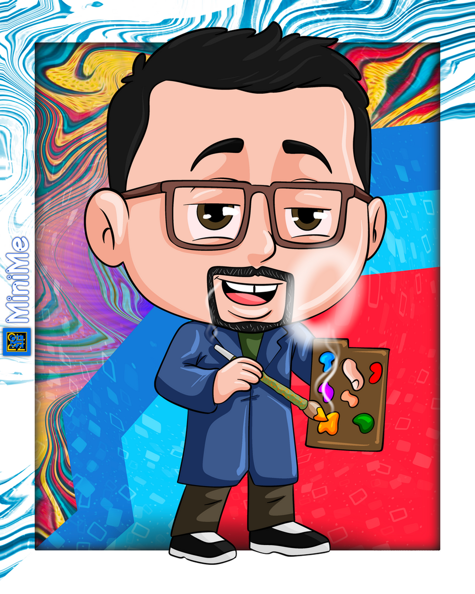 Illustrazione di un uomo con occhiali e pennello; sfondo colorato