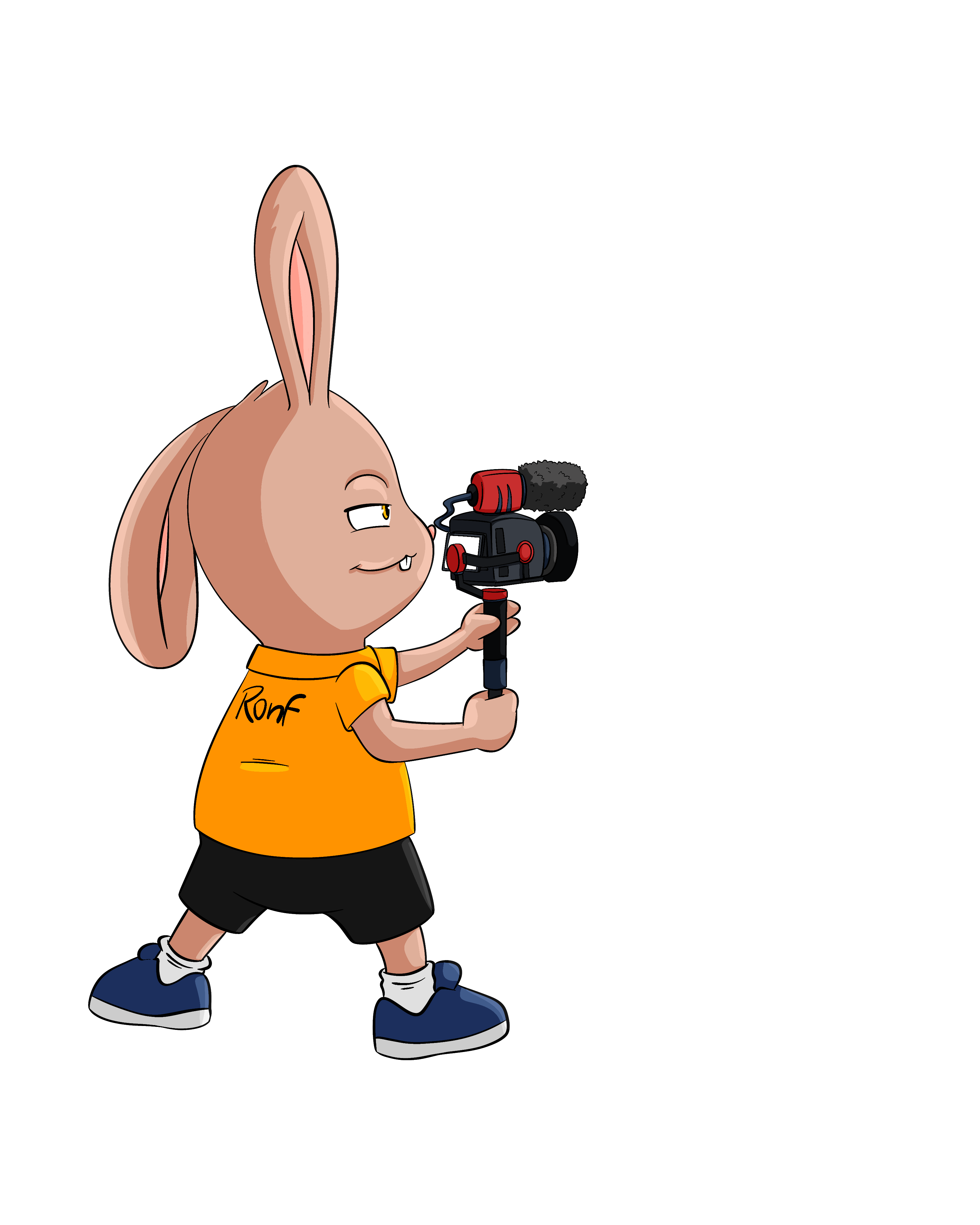 Cartoon bunny holding a gun, wearing a orange shirt and black shorts.