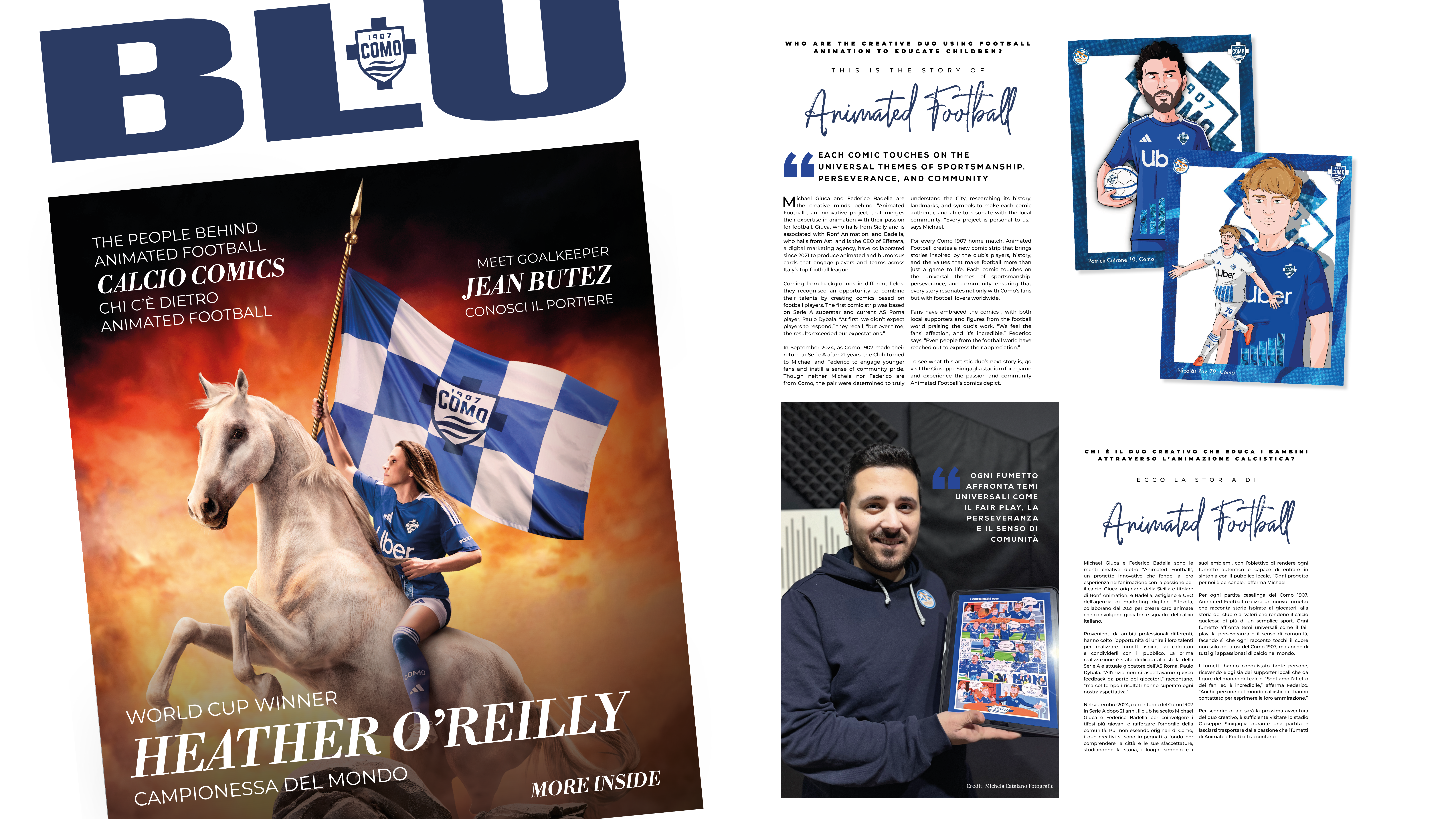 Heather O'Reilly on horse with flag, Jean Butz and Calcio Comics; animated football.