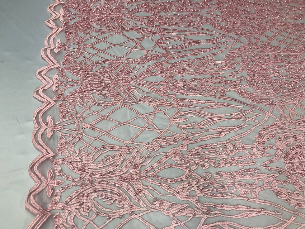 Thumbnail: Beaded Fabric - Pink Embroidered Lace Beads By The Yard For Bridal Veil Mesh