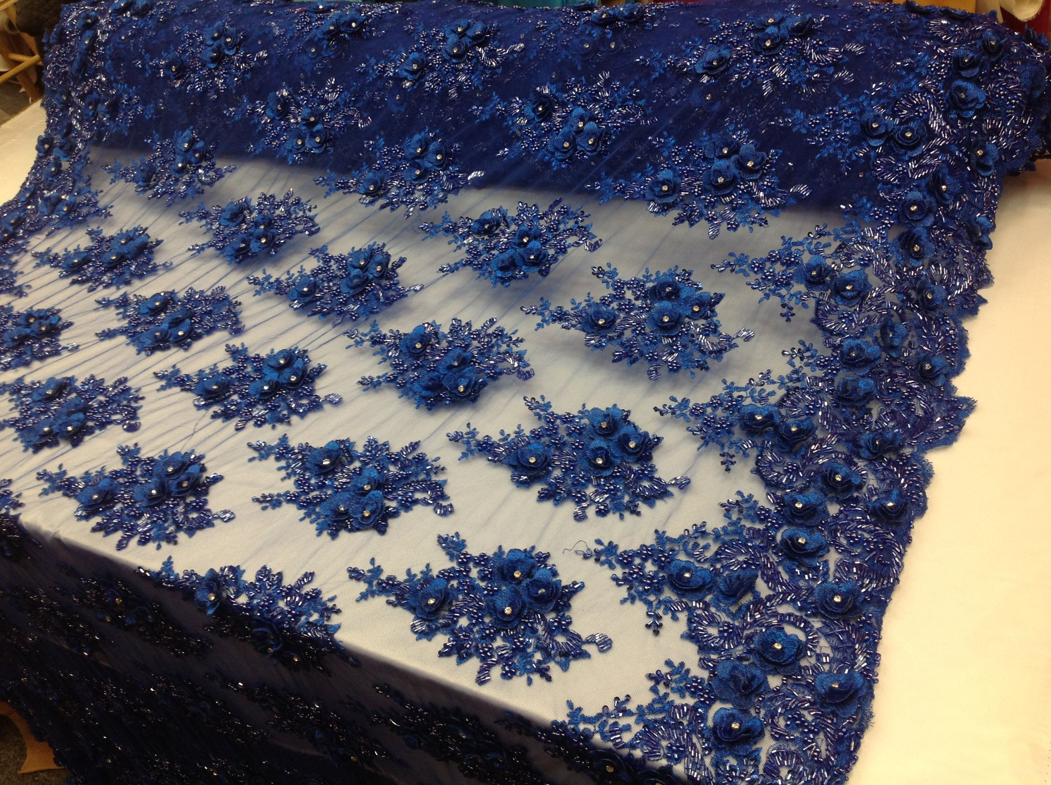 Floral Fabric 3D Flower Bridal Beaded Fabric Royal blue Heavy Embroidered Mesh D