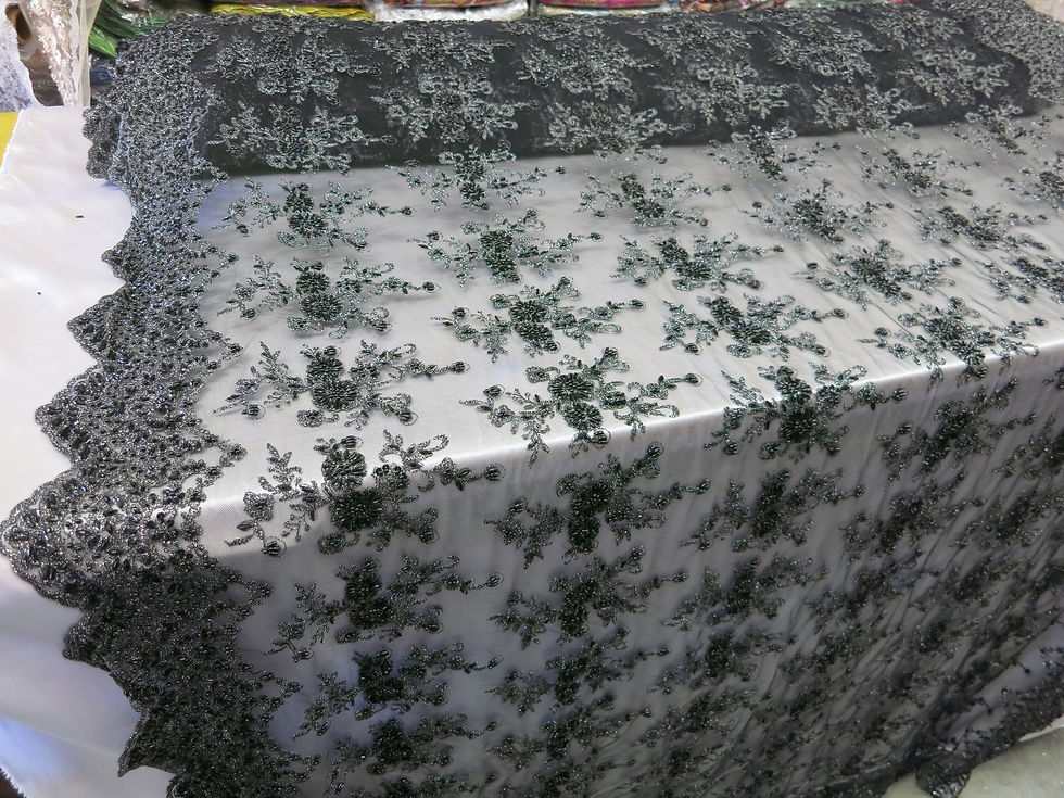 Thumbnail: Black Flower Bridal Beaded Fabric Heavy Embroidered Mesh Lace Fabric By The Yard