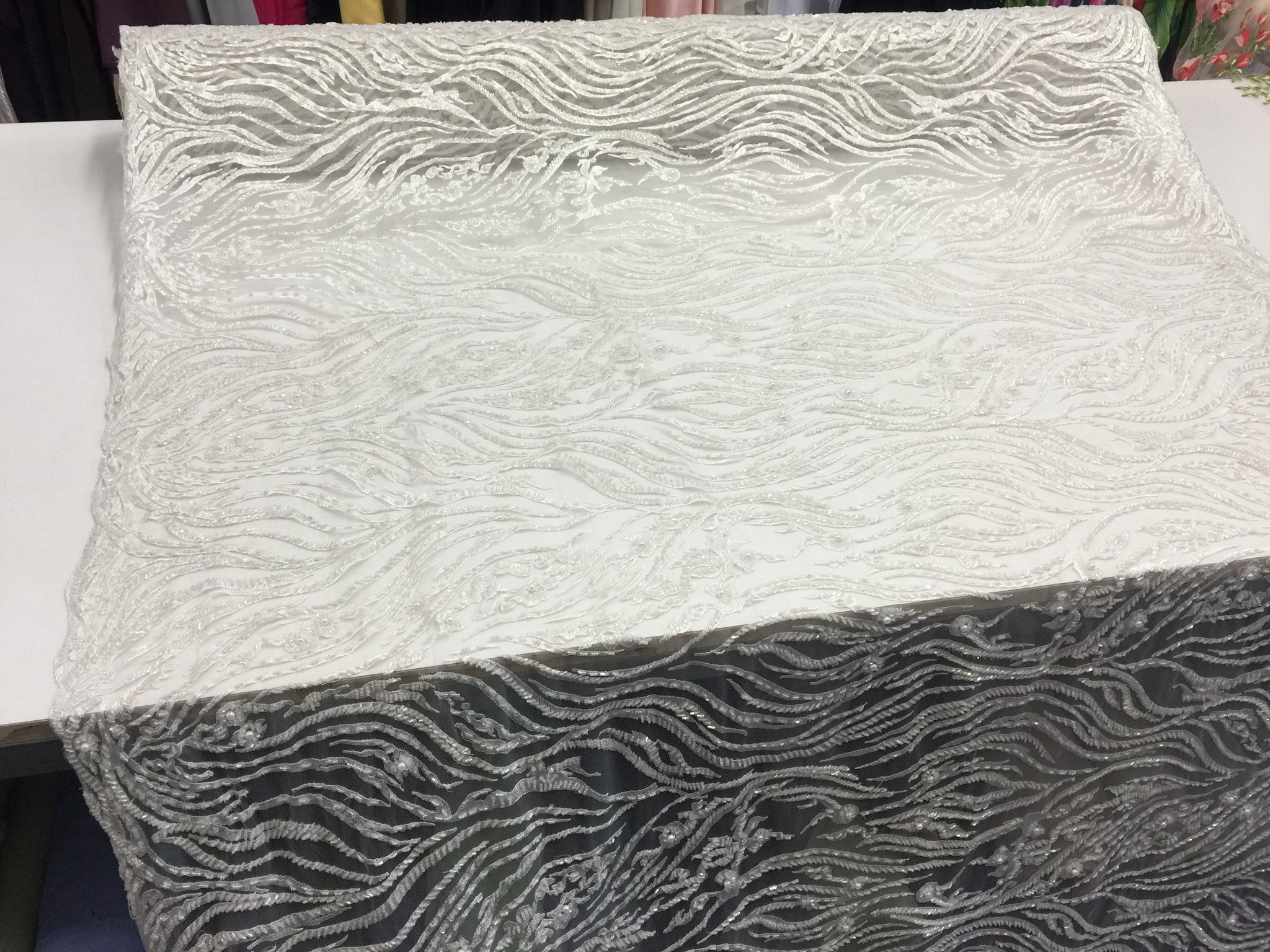 Beaded Fabric - White - Lace By The Yard Embroidered Lace With Beads And Sequins