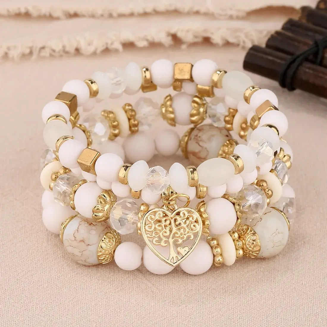 4Pcs Tree of Life Heart Bracelet Set For Women Acrylic Glass Beads Chain Elastic