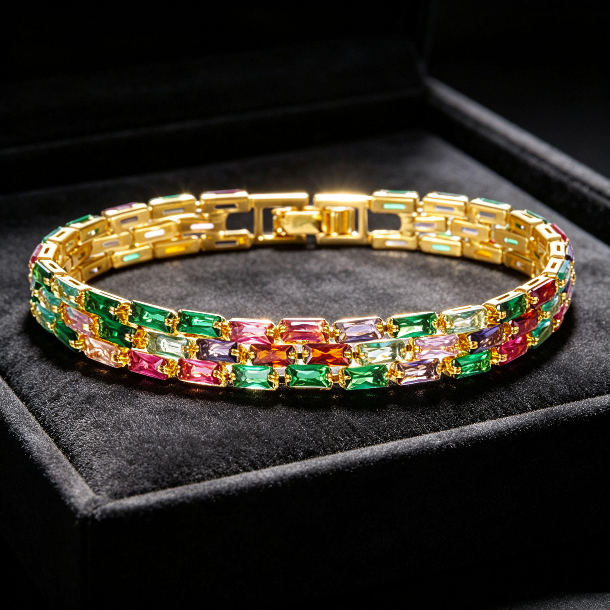 Charm Female Rainbow Zircon Stone Reatangle Bracelet Gold Color Wedding Jewelry