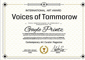 The VOICES OF TOMORROW INTERNATIONAL ART AWARD won by Gayle Printz for her socially impactful abstract paintings