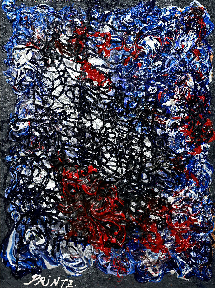 A red, white and blue abstract painting for those who love texture, dripping and flow