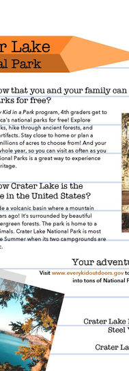 This handout discusses the Every Kid in a Park program that allows 4th graders and their parents to visit the US National Parks for free. It looks like a piece of paper and has an image of a boy and Crater Lake "taped" to it. This flier also features a pencil with "Crater Lake National Park" on it.