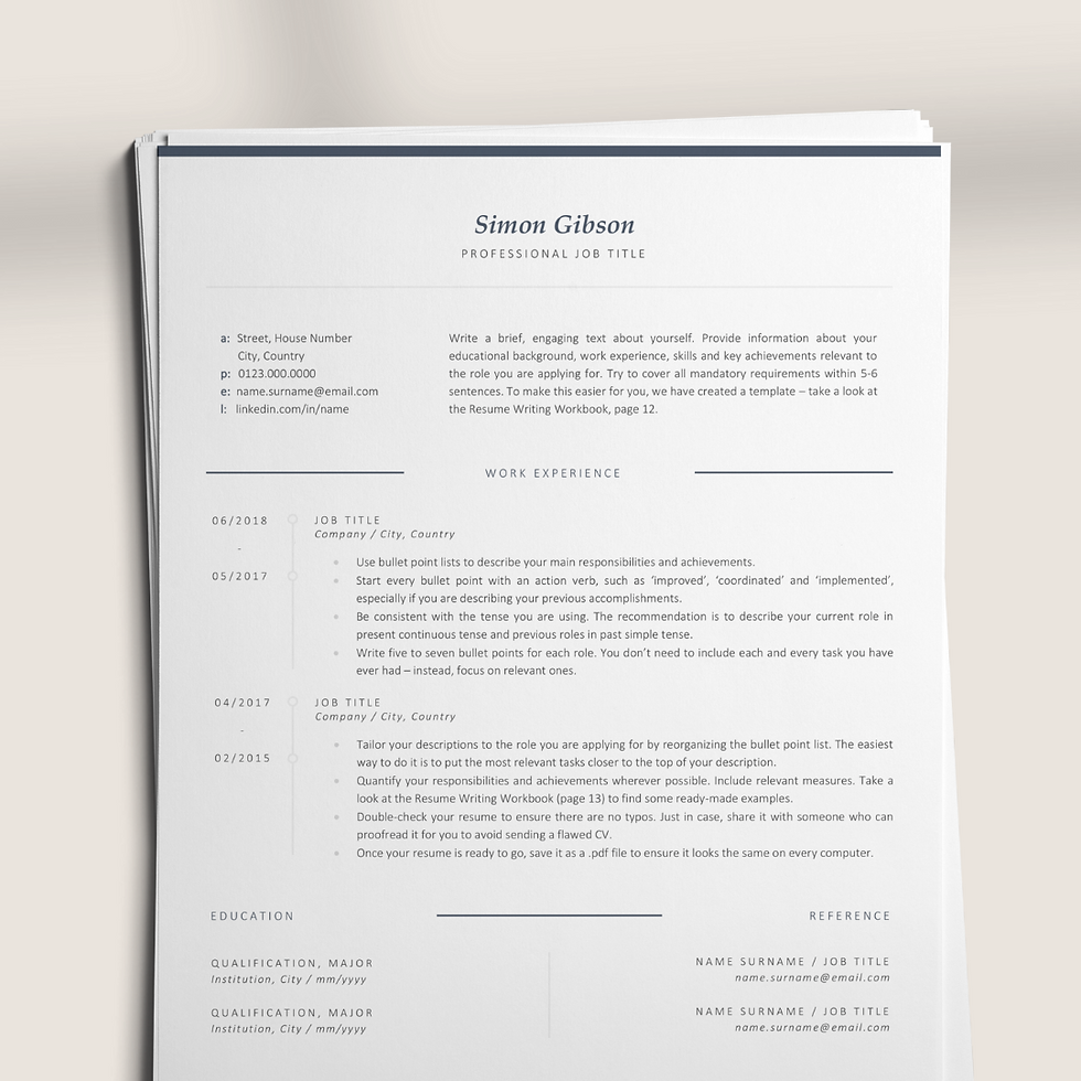 One-page resume template on grey background