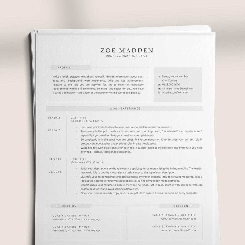 One-page resume template on grey background