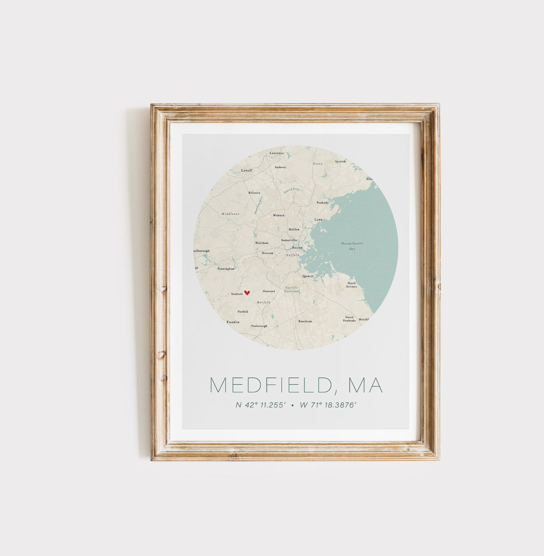 Heart Map - Medfield, MA - 11x14  Giclee print