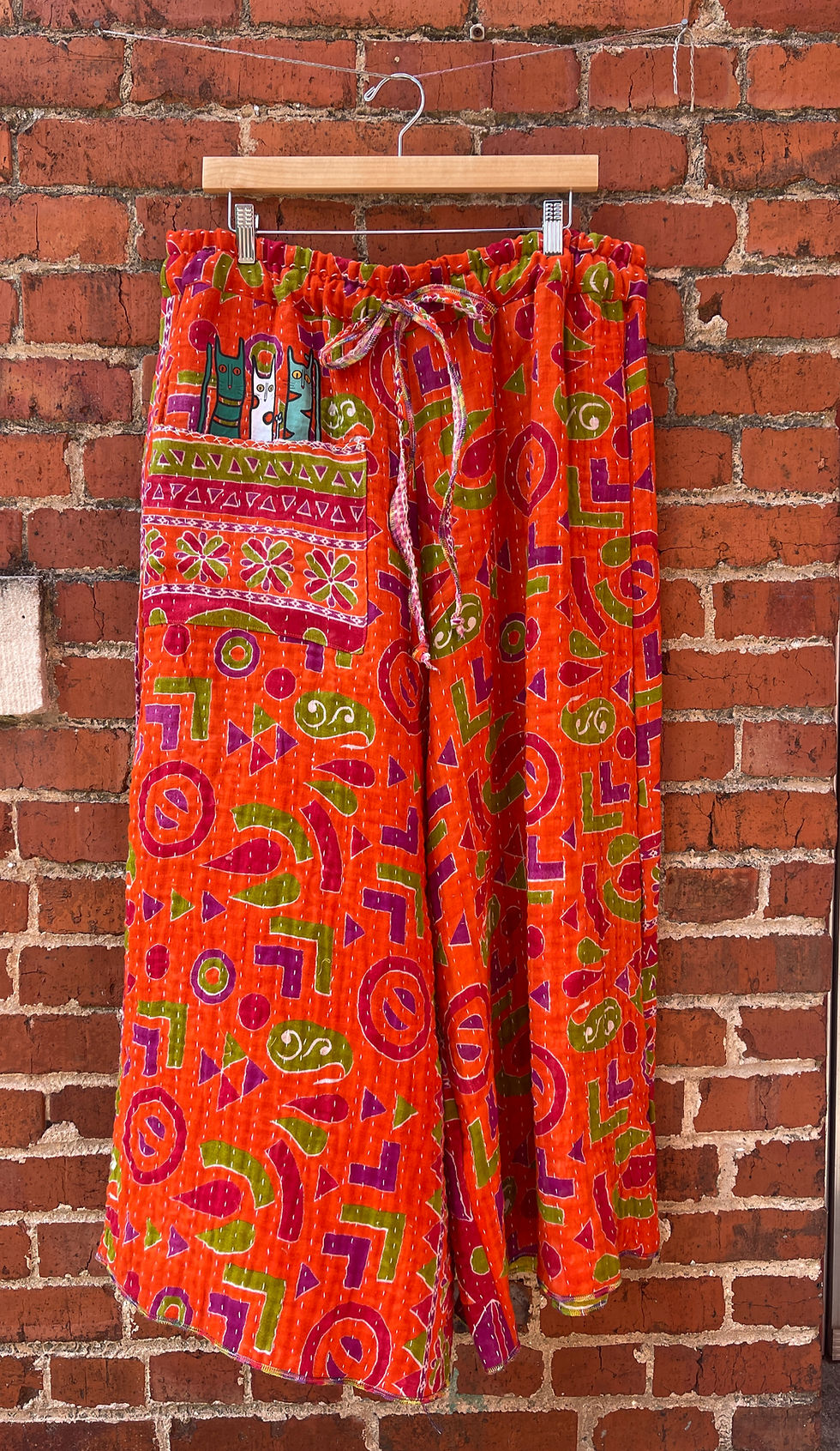 Cat-in-the-pocket Green and Orange Palazzo Kantha Pants