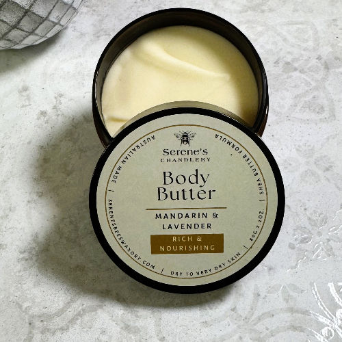 Serene's shea body butter, Mandarin and Lavender, top view.