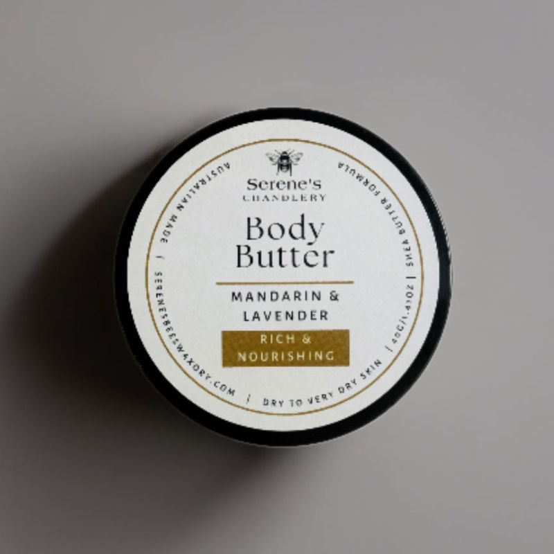 Serene's body butter, Mandarin and Lavender top view.