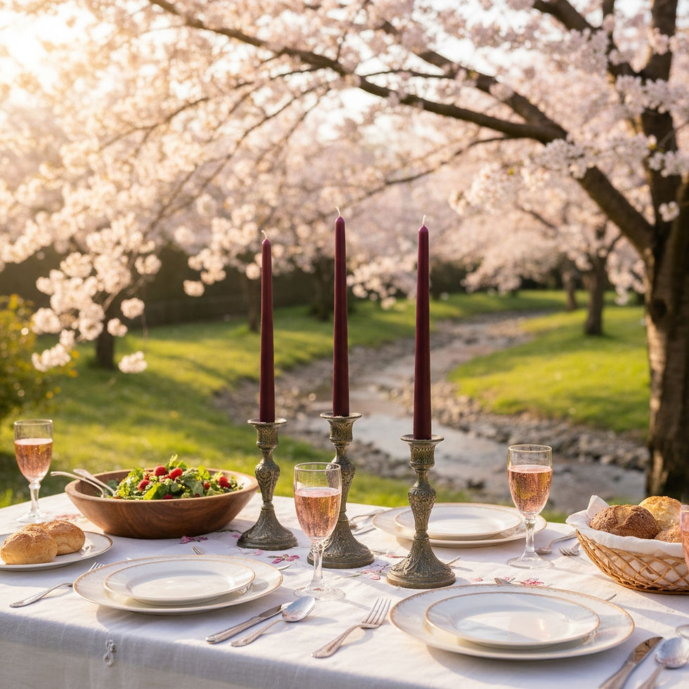 Three pure beeswax coloured taper candles in holders on a table set for lunch in a garden .
