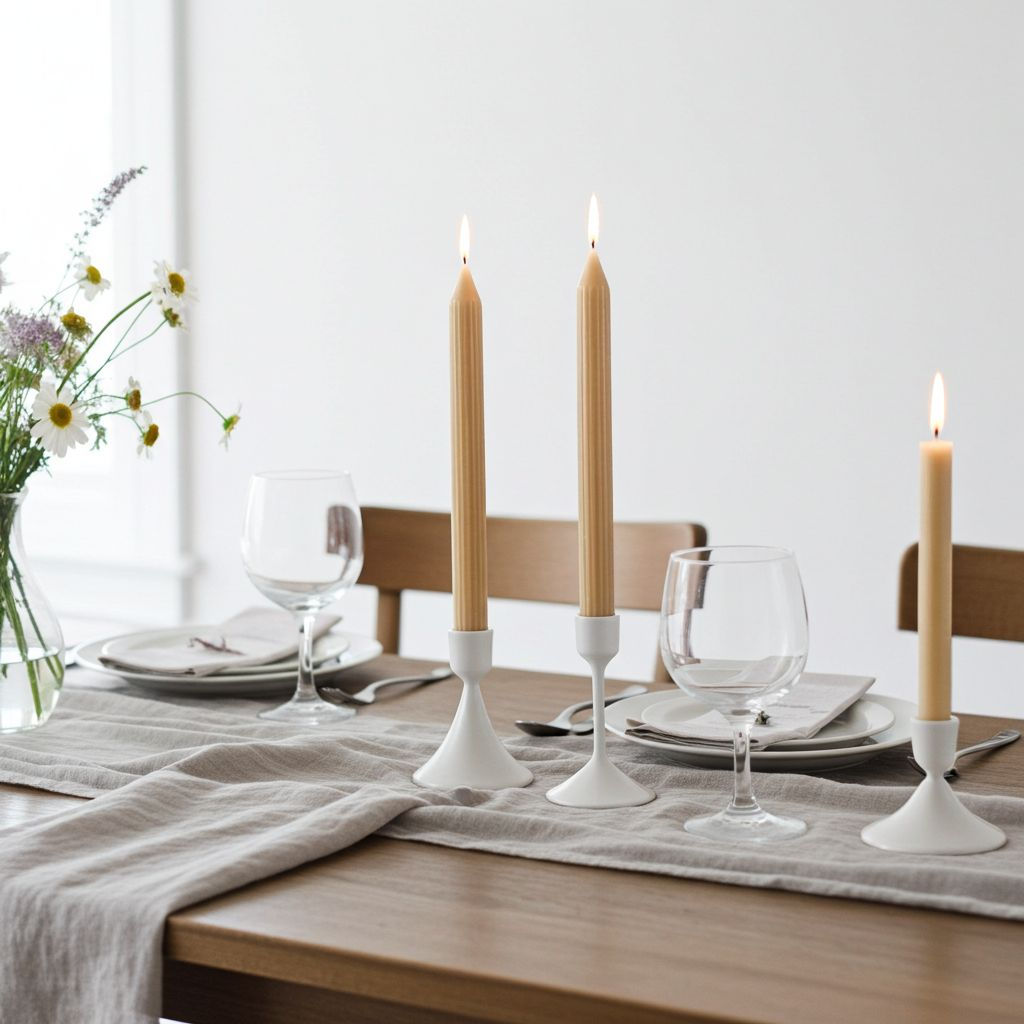 Natural pure beeswax taper candles in holders on a dinner table.