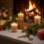 Three lit votive candle in glass holders on a table near a fire place.