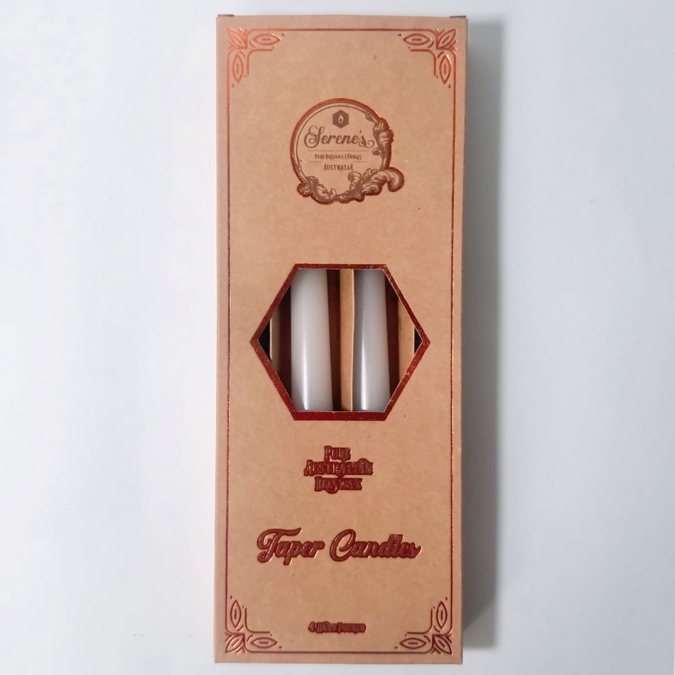 Thumbnail: Box of four pure beeswax taper candles in colour Pearl, top view.