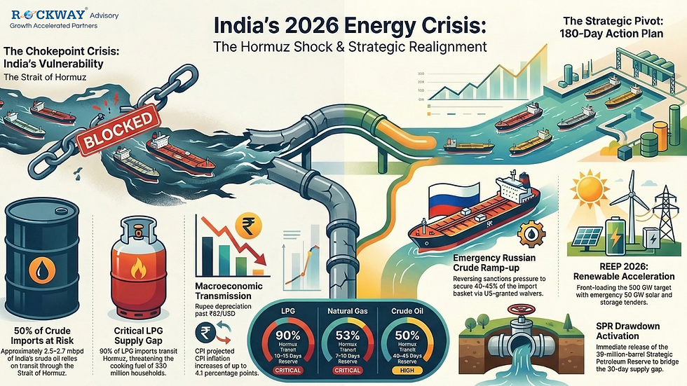 India’s 2026 Energy Crisis: The Hormuz Shock & Strategic Realignment
Illustrated infographic explaining how a disruption in the Strait of Hormuz threatens India’s energy security and outlines strategic responses.
On the left side, oil tankers attempt to pass through a stormy sea while a chain labeled “Blocked” symbolizes the closure of the Strait of Hormuz. Icons of oil barrels and LPG cylinders highlight the energy supply risk.
Text explains that approximately 50% of India’s crude oil imports (around 2.5–2.7 million barrels per day) pass through the Strait of Hormuz, making the country vulnerable to disruptions. Another section shows that 90% of LPG imports also transit the strait, threatening cooking fuel supply for hundreds of millions of households.
In the center, pipelines and shipping routes represent global oil flows feeding into India. A macroeconomic chart shows falling economic indicators and the Indian rupee symbol, illustrating the impact of rising oil prices on inflation and currency depreciation.
Circular gauges indicate India’s energy vulnerability levels:
LPG: 90% transit exposure, labeled critical
Natural Gas: 53% transit exposure, labeled critical
Crude Oil: 50% transit exposure, labeled high
On the right side, strategic responses are illustrated:
A Russian oil tanker symbolizing emergency crude supply ramp-up
Renewable energy icons (solar panels, wind turbines, batteries) representing REEP 2026 renewable acceleration
A pipeline valve showing strategic petroleum reserve drawdown
The infographic presents a 180-day action plan combining emergency oil imports, strategic reserves, and accelerated renewable investment.