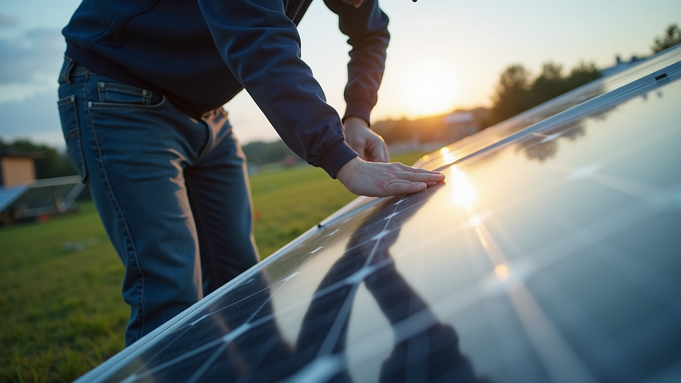 Close-up view of solar panel connections being checked by a technician