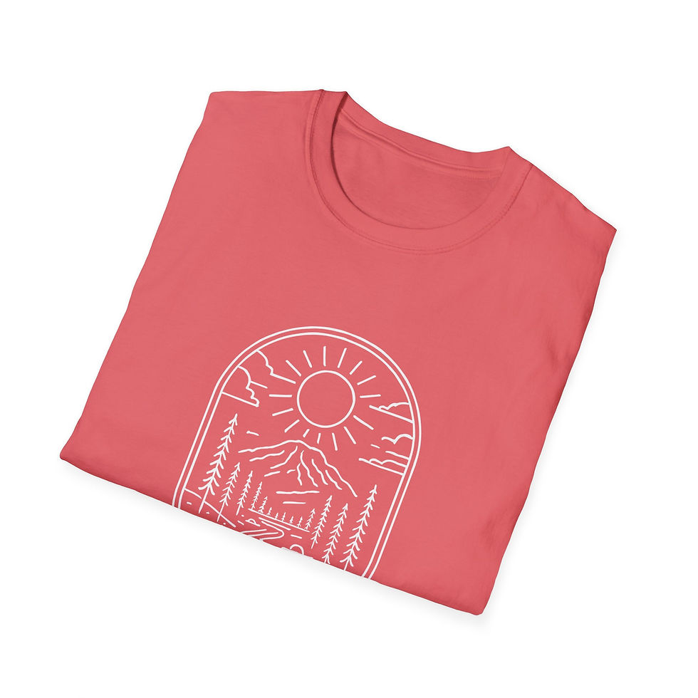 Thumbnail: Red t-shirt with a white mountain and sun design on white background.