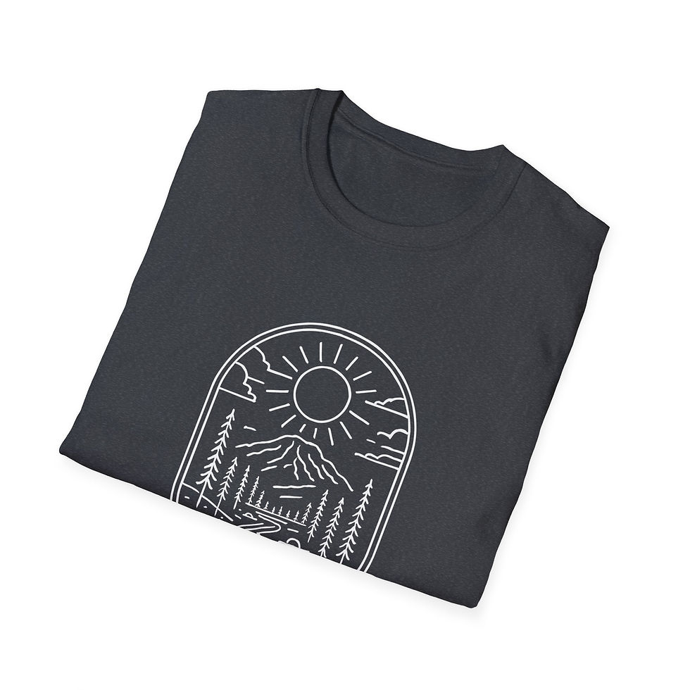 Thumbnail: Dark grey t-shirt featuring a mountain scene with sun design displayed on it.