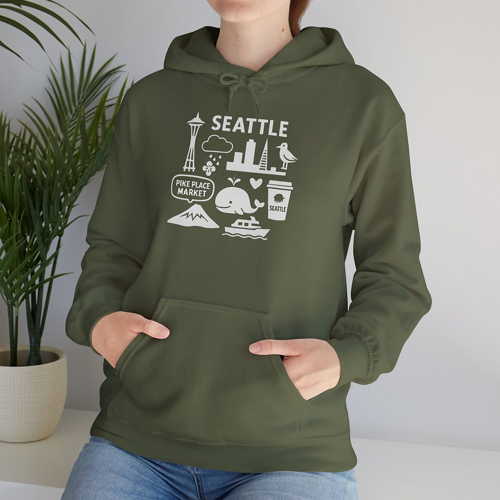Thumbnail: Woman wearing green Seattle hoodie with white city icons and text.