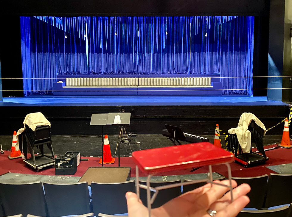 A well-worn miniature folding table backstage, a long-running stage management tradition.