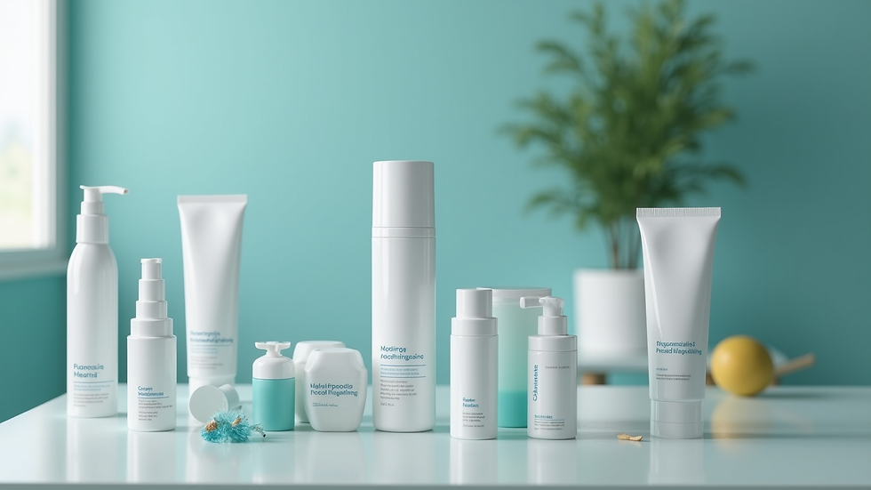 Eye-level view de frascos de produtos multifuncionais para cuidados pessoais