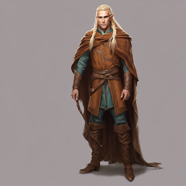 full-length portrait of a grown male elf with brown skin, long blonde braided hair, russet cape