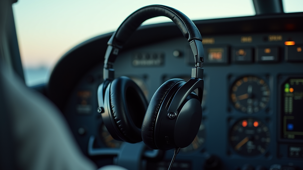 Close-up view of a pilot’s headset resting on a cockpit dashboard