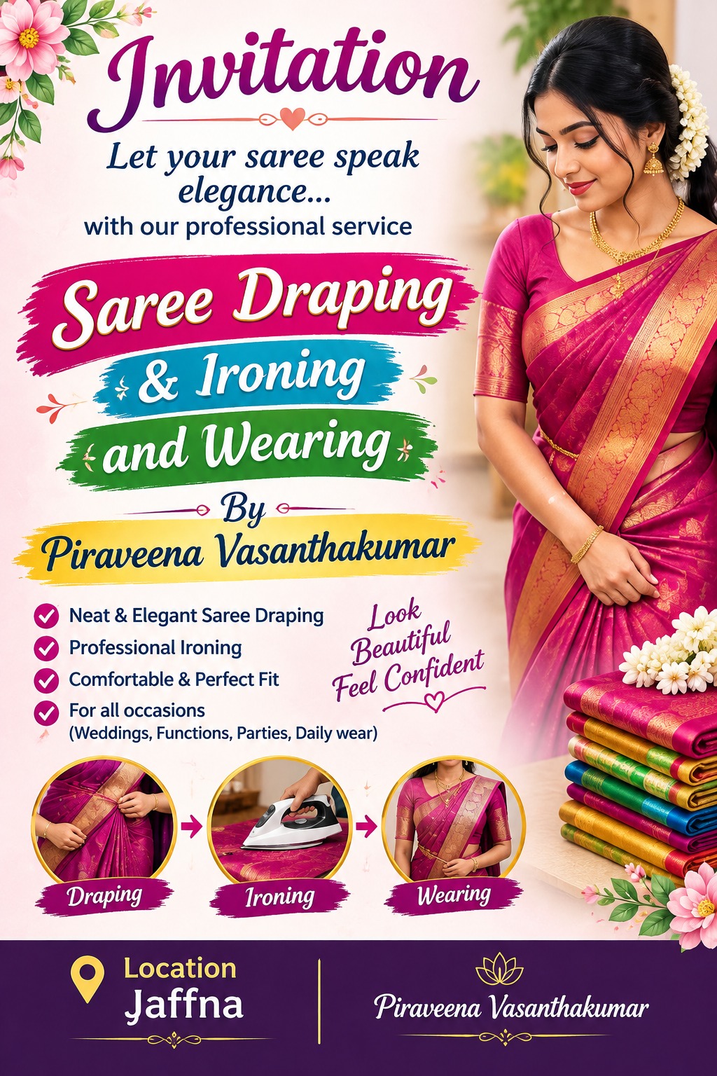 Professional Saree Draping and Ironing Service - Piraveena