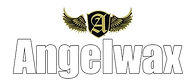 Angelwax logo writenn in white with gold outline and a blackshield with a gold A and gold wings holding up the shield