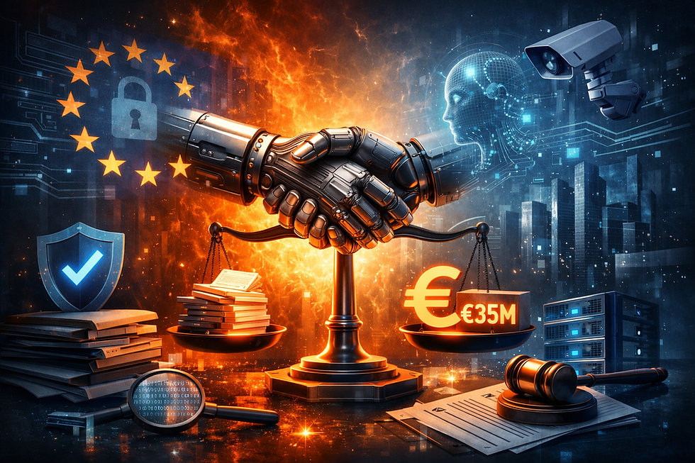 A futuristic illustration showing a humanoid robot facing a glowing padlock and scales under the EU flag, symbolising the tension between AI innovation and regulatory compliance under the EU AI Act.
