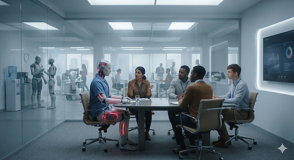 AI generated representation of robots working alongside human co-workers.
