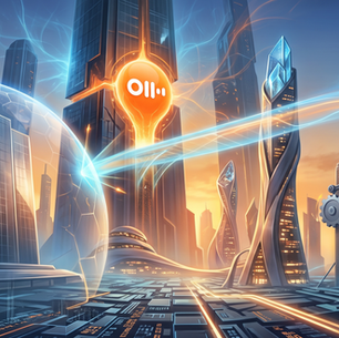 A futuristic cityscape with glowing skyscrapers, energy lines, and a bright orange AI core connecting to surrounding technology.