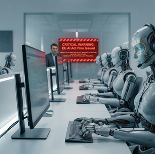 Conceptual illustration of an AI-powered contact center in 2026 featuring humanoid robots at workstations and a red warning screen citing an EU AI Act violation for lack of human oversight.