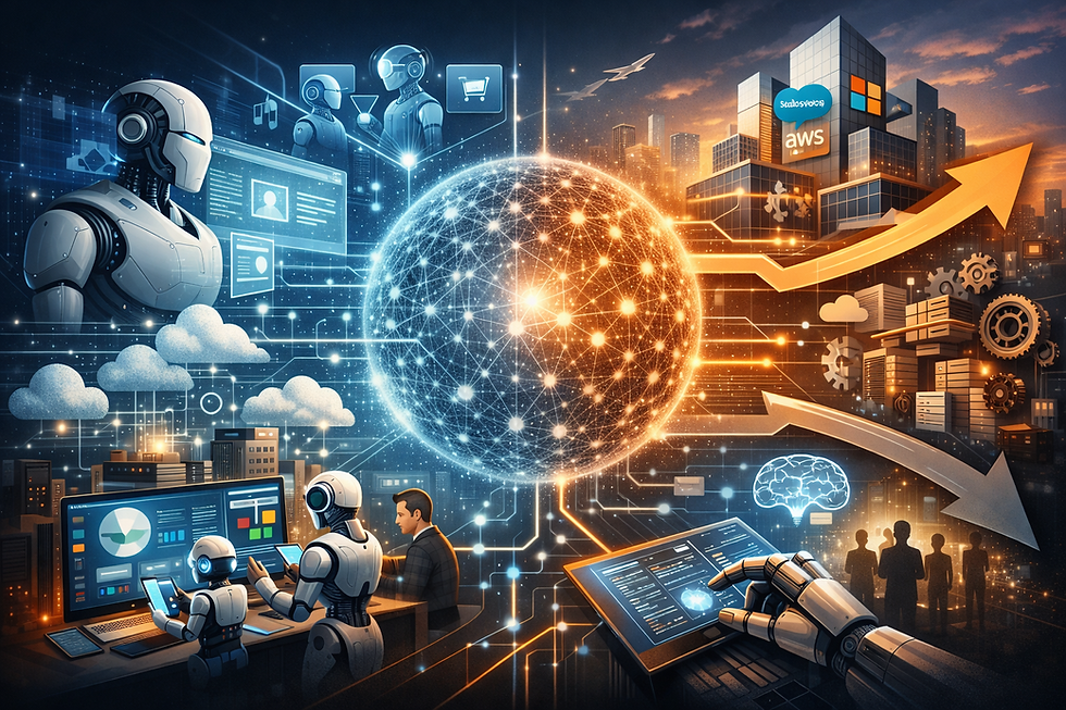 Futuristic enterprise CX architecture visualization showing a central glowing data globe connecting AI robots, automated customer service interfaces, cloud computing networks, and tech platforms like Salesforce, AWS, and Microsoft.