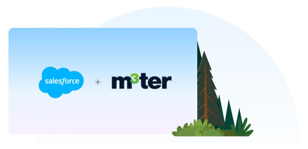 Salesforce and m3ter logos displayed together on a blue gradient background with illustrated trees, representing the acquisition announcement.