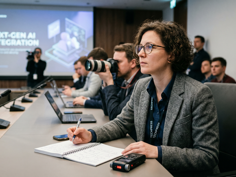 AI generated representation of a tech journalist attending a press briefing
