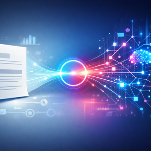 Conceptual digital illustration showing a press release document transforming into an AI data network through a glowing central hub, symbolising purpose‑driven communication and AI‑powered information flow.