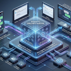 AI generated representation of an Isometric infographic of a complex "Agentic Orchestrator" system, showing a glowing AI hub in the center using data from connected backend systems.