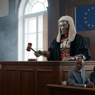 AI-generated image of a robotic judge in legal robes with a gavel, presiding over three concerned legal professionals in an EU-flagged courtroom.