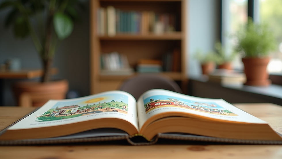 Eye-level view of a colorful interactive storybook open on a table