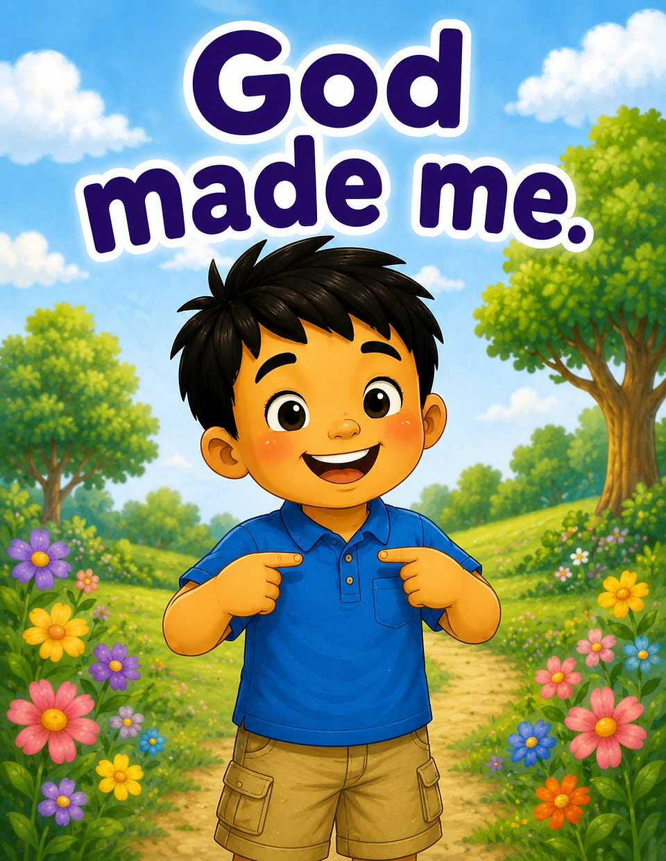 Illustrated children's book page titled "God made me." The page features a smiling young boy standing on a flower-lined path in a bright outdoor meadow. He points to himself with both hands, emphasizing the message that God created him personally. Colorful flowers, green trees, rolling hills, and a blue sky with fluffy clouds surround him, creating a cheerful and welcoming scene. The simple text reinforces a foundational biblical truth for young children: that God made each person special and unique.