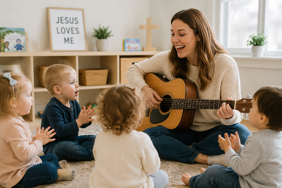 Toddler ministry teacher playing guitar and leading worship music with a small group of engaged toddlers sitting in a circle in a cozy Christian classroom. Children are clapping, singing, and interacting joyfully during music time while learning about Jesus in a warm, faith-based preschool environment.
