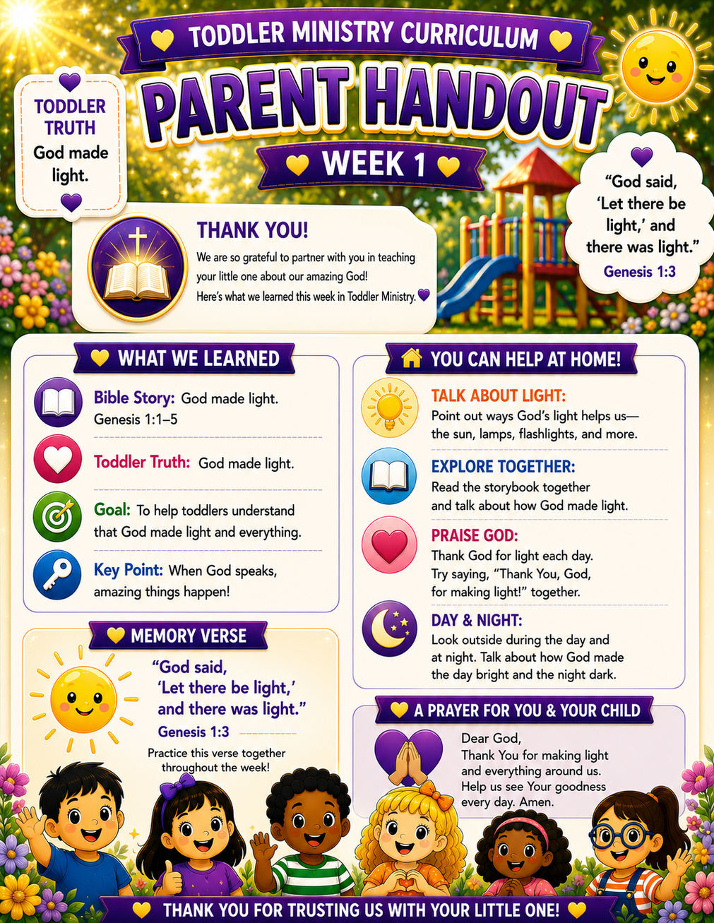 parent handout for God made light lesson