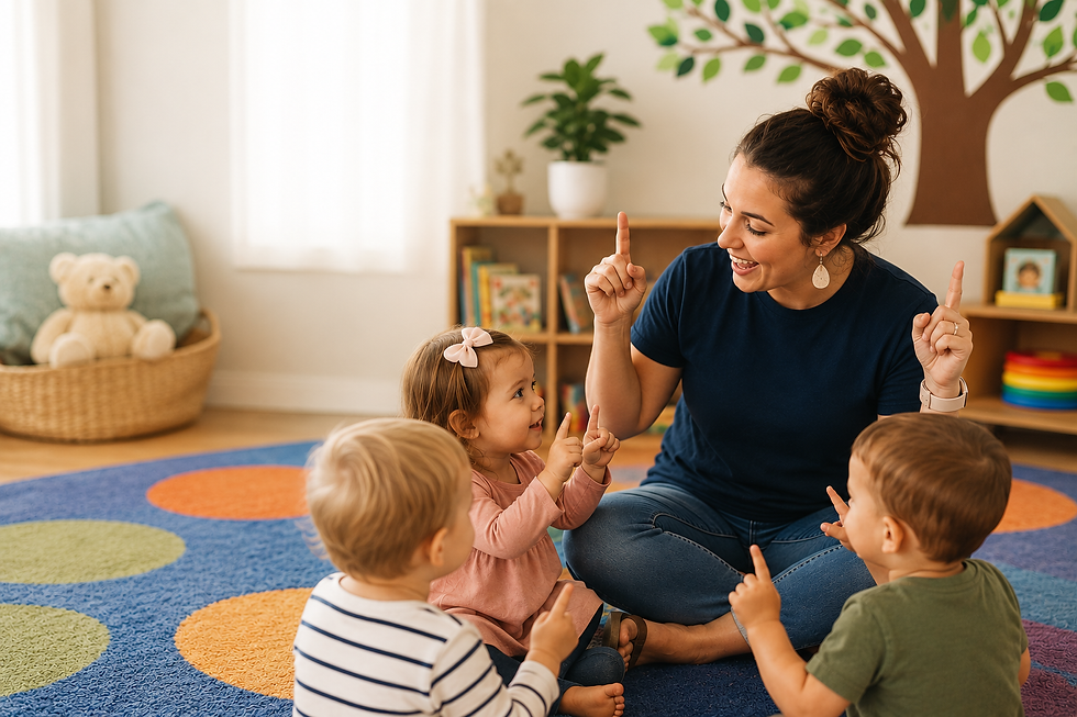Toddler ministry teacher leading a repetition-based learning activity with three young children seated in a circle on a colorful classroom rug. The children are engaged in finger motions and interactive learning in a bright, welcoming church nursery or preschool classroom designed to help toddlers learn Bible truths through repetition, participation, and play.