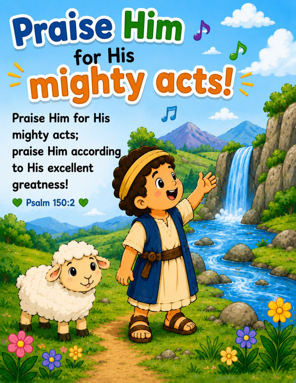 Colorful Christian children's book page featuring a smiling child and a lamb standing beside a river and waterfall in a beautiful landscape. Based on Psalm 150:2, the illustration teaches preschool and toddler-aged children to praise God for His mighty acts and great power.